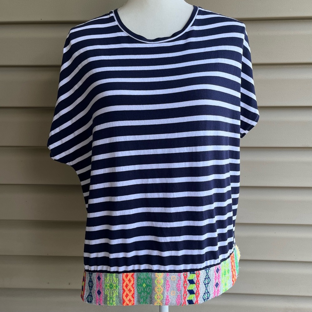 •Vilagallo• Striped Mixed Media Top with Multicolor Hem - Size Medium